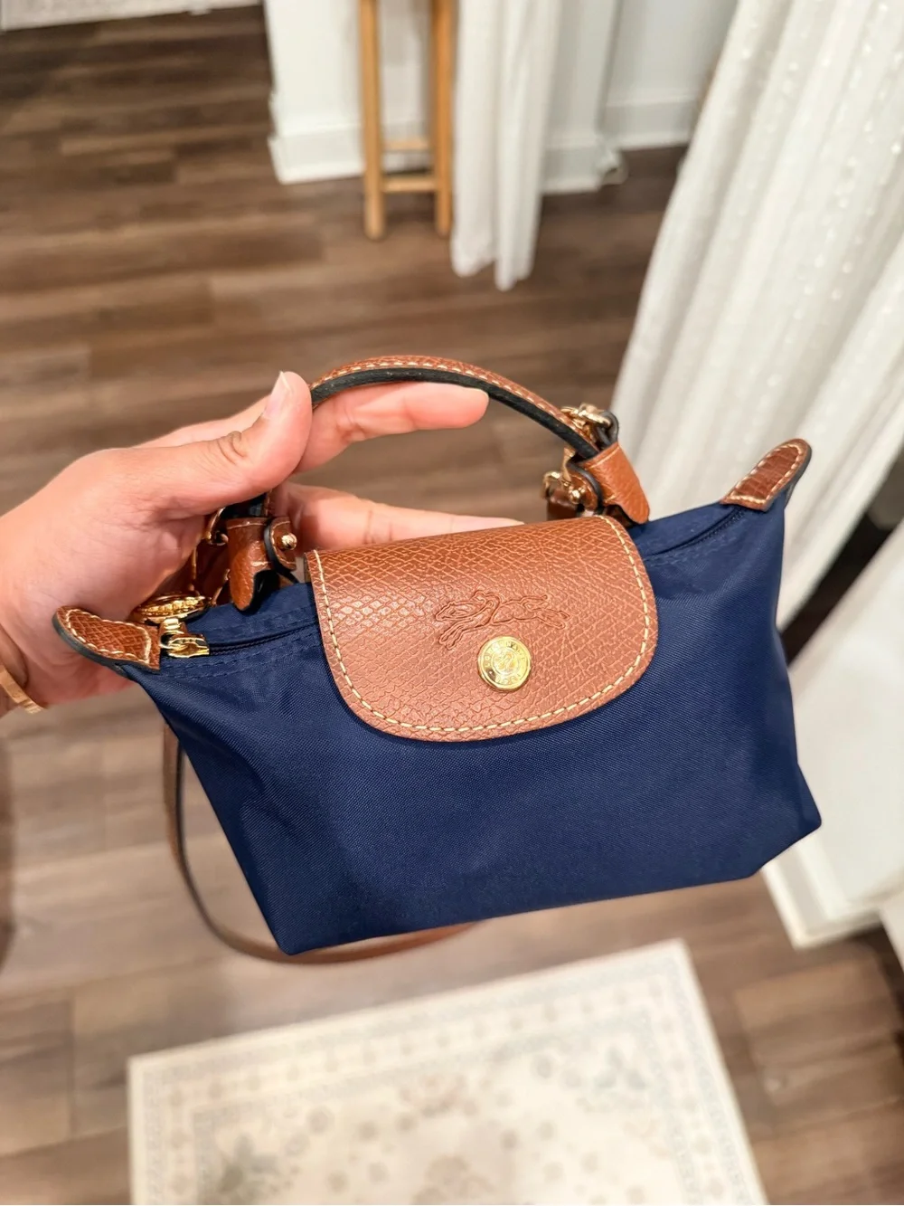 Longchamp Navy and Brown Le Pliage Small Top-Handle Bag (STRAP PROVIDED) - Picture 1 of 4